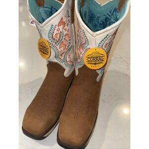 Corral Farm Ranch Work Boots Womens 7 M Brown White Top Hydro Resist Safety Toe